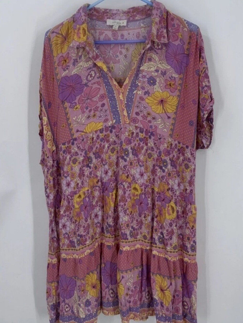 Umgee Pink Floral Boho Collared Swing Dress Mixed Border Print Tiered Dress - Picture 2 of 6